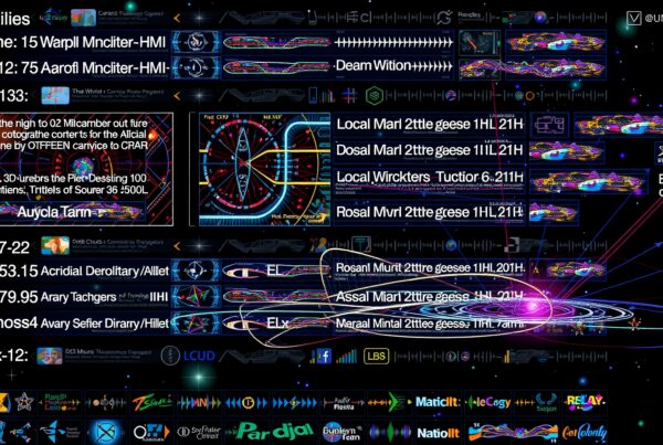 A futuristic, abstract collage with neon colors, data charts, and waveform patterns connected by arrows in a space-like background.