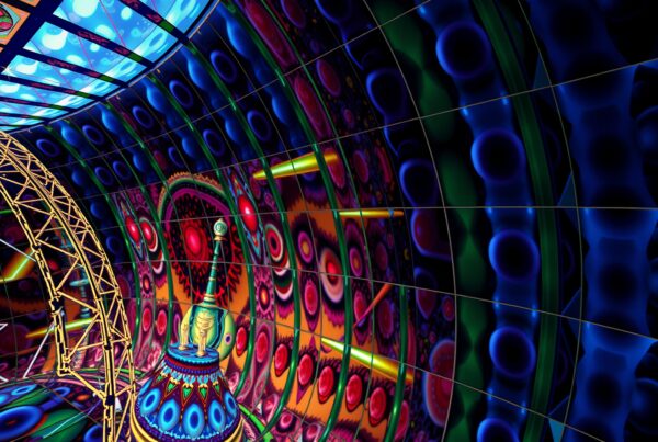 A colorful, abstract interior design features vibrant geometric patterns and a decorative centerpiece.