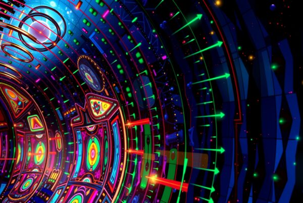 Vibrant digital artwork featuring swirling neon colors and geometric patterns in a futuristic design.