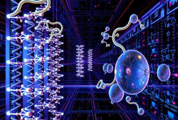 A digital landscape with DNA structures and data networks conveying futuristic biotech themes.