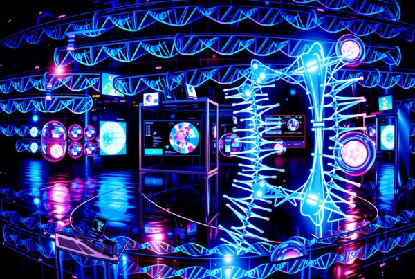 Futuristic lab with glowing DNA, digital displays, and neon ambiance.