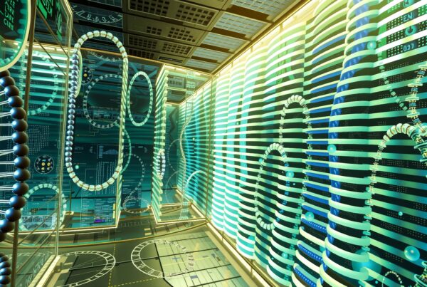 Futuristic room with neon DNA patterns and high-tech elements.