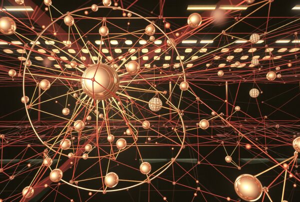 Complex network of interconnected glowing spheres.