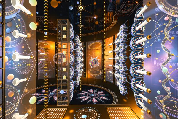 Futuristic installation with geometric patterns and lighting.