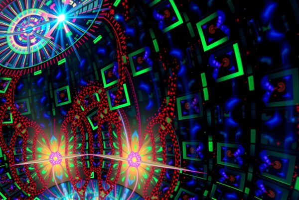 A vibrant digital fractal design with bright geometric patterns and a dynamic mix of neon colors.