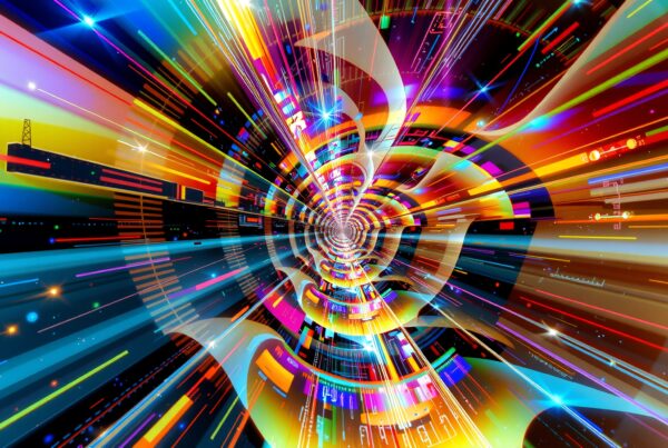 Futuristic digital tunnel with neon colors.