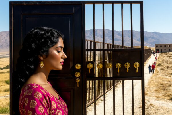 Elegant woman in pink dress stands integrated into ornate gate against a vast, mountainous landscape.