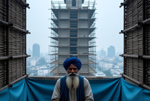 A man with a blue turban sits on a balcony with city views, surrounded by traditional sweets and red roses.