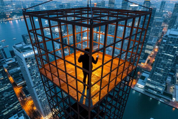 Silhouetted man in illuminated cage suspended high above bustling city skyline at twilight.