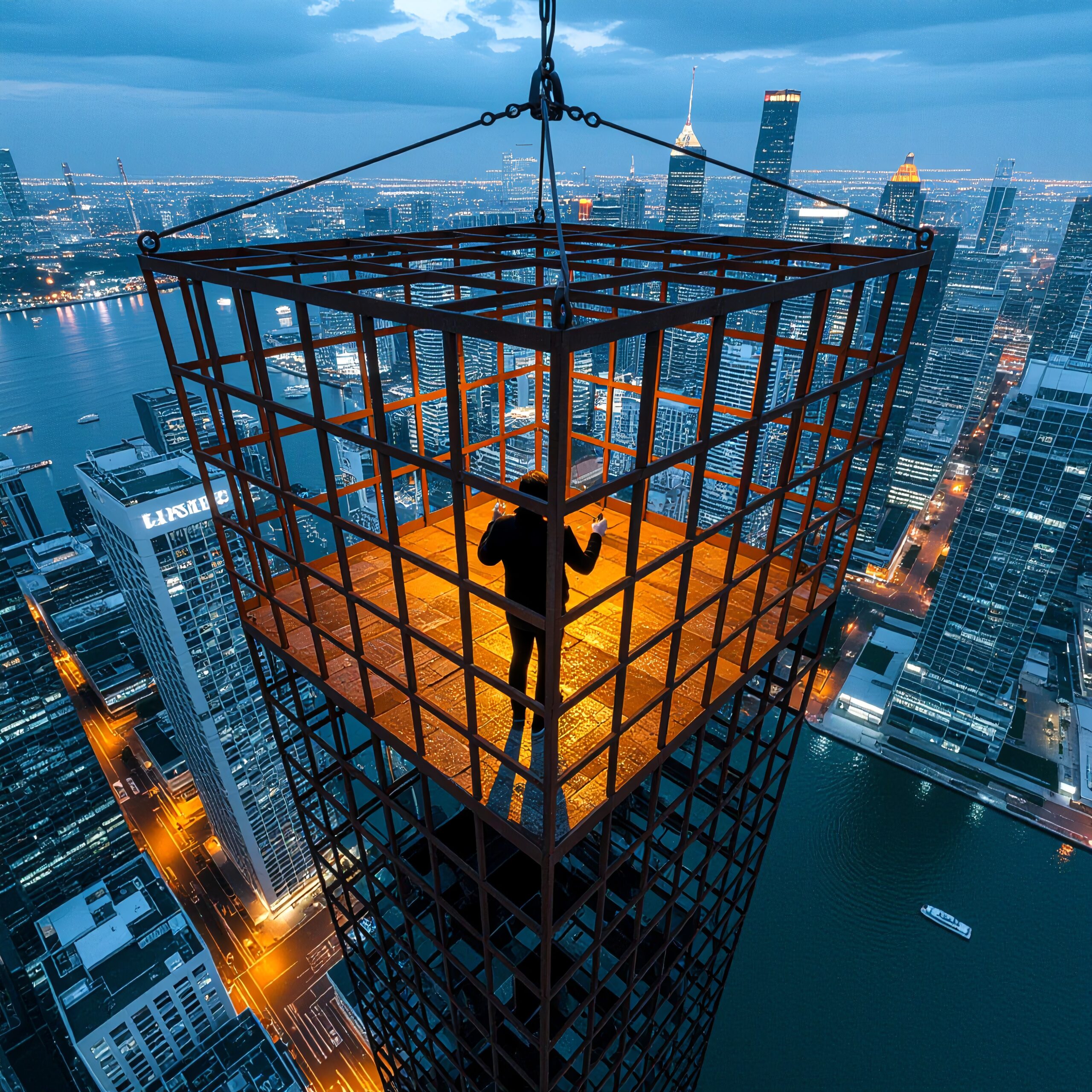 Man in Suspended City Cage