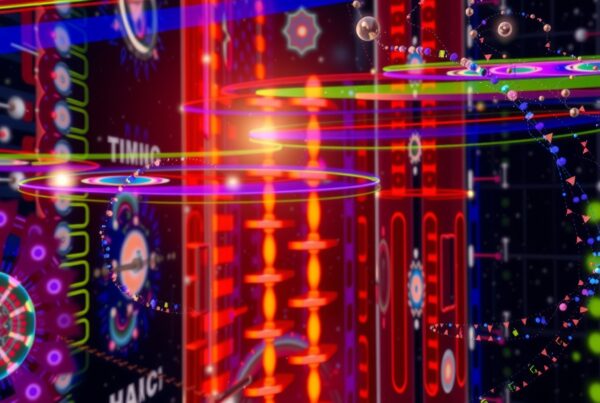 Vibrant abstract digital artwork with neon shapes.