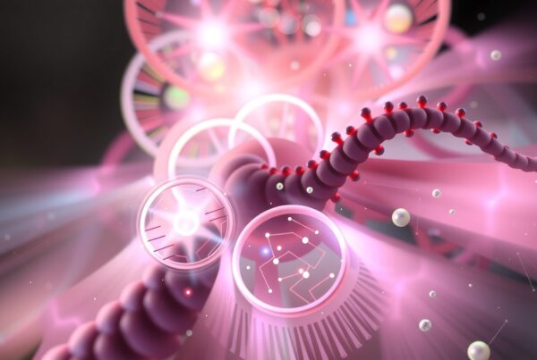Futuristic DNA strand with glowing molecular elements.