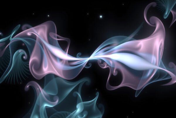 Abstract digital art with graceful, swirling pink and blue shapes against a dark background.