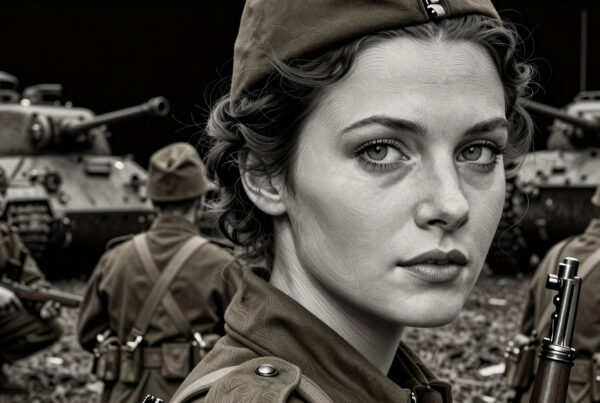 Woman soldier stares intensely amidst WWIII battle scene with tanks and comrades