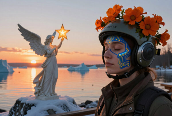 Futuristic girl with floral headgear meditating near angel statue during Arctic sunset