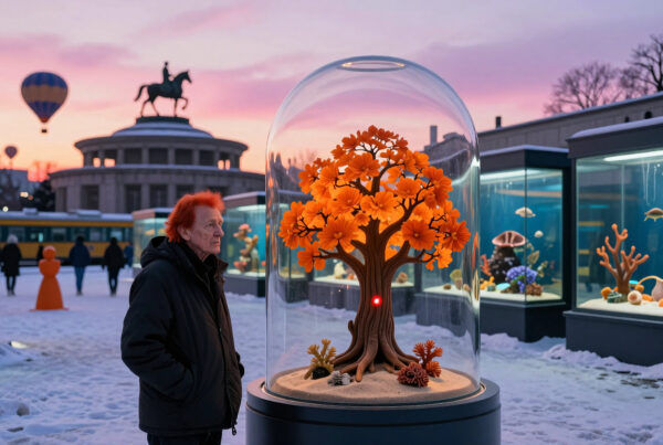 Man admiring glowing tree sculpture in snowy Berlin square during magical sunset