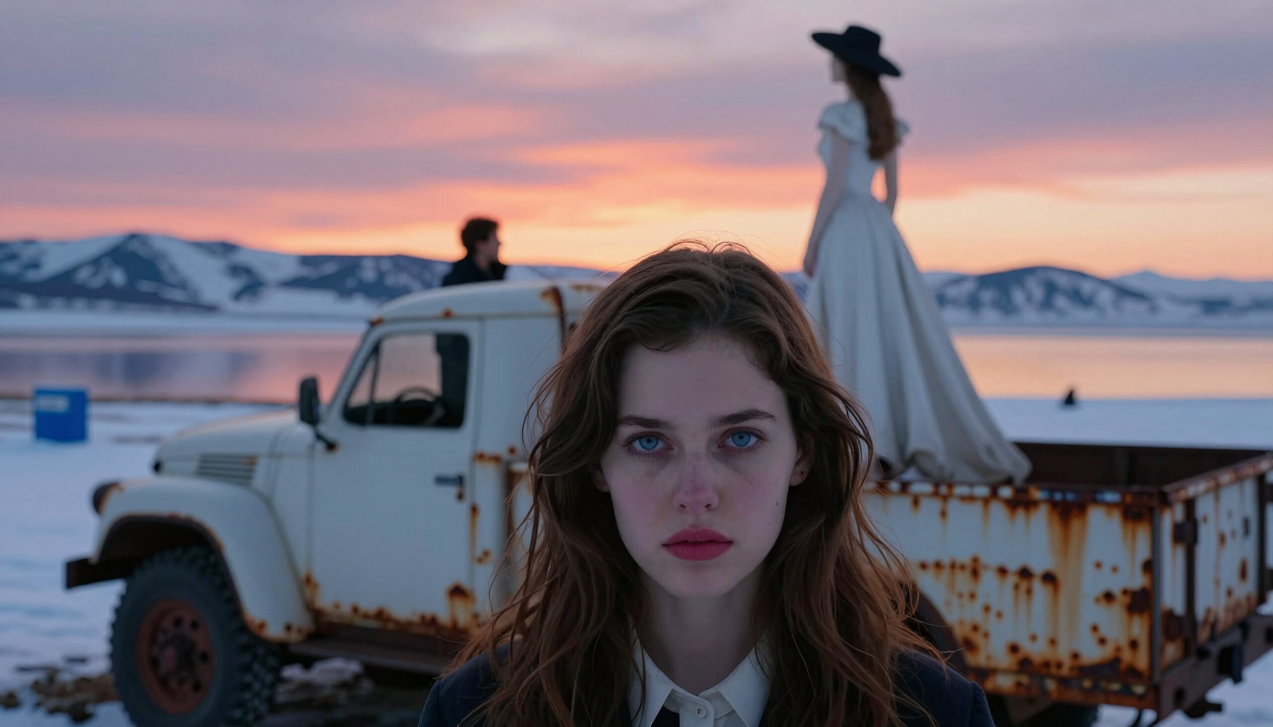 Woman with Vintage Truck in Winter Landscape