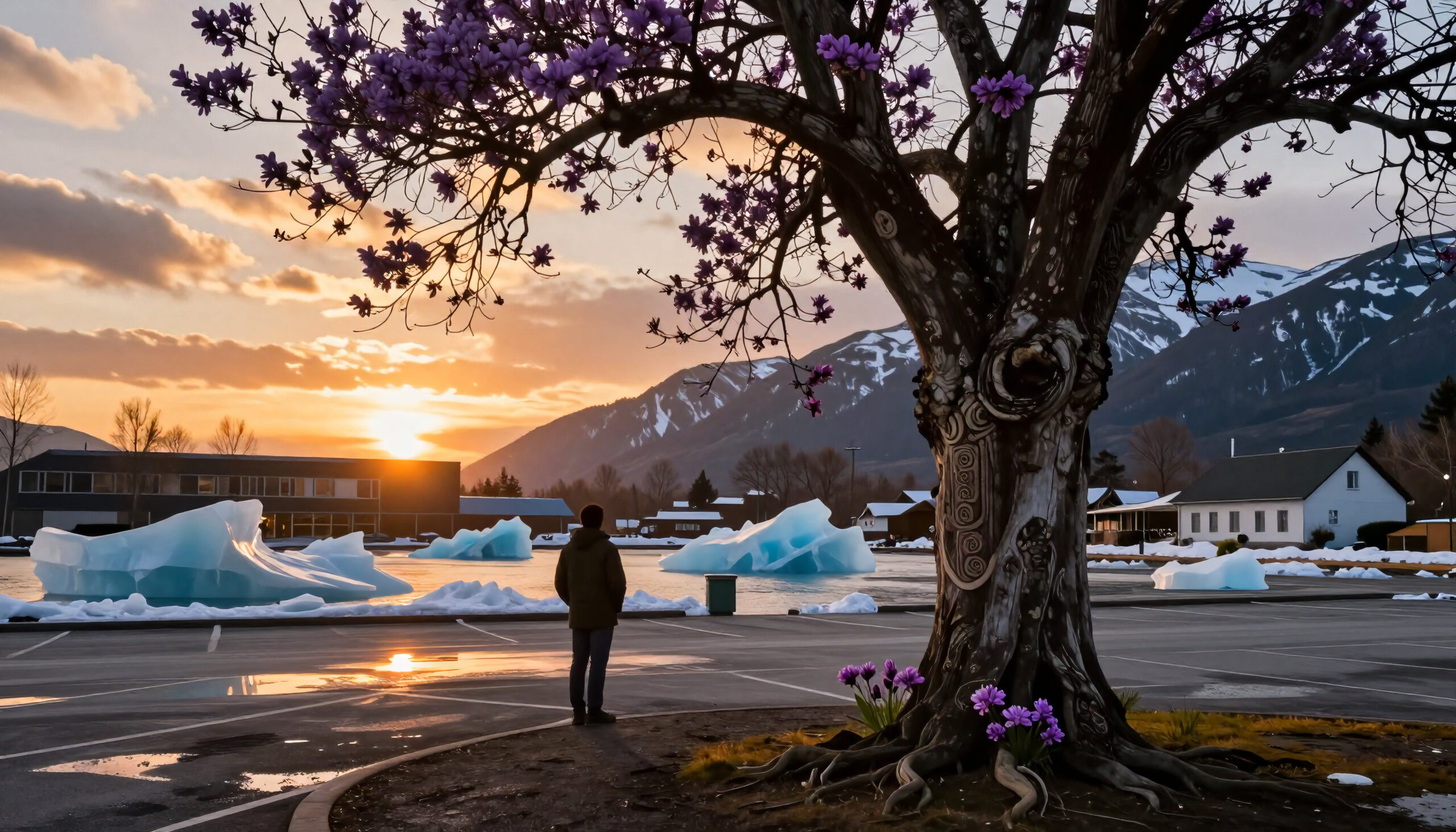 Purple Tree Over Ice Parking Lot
