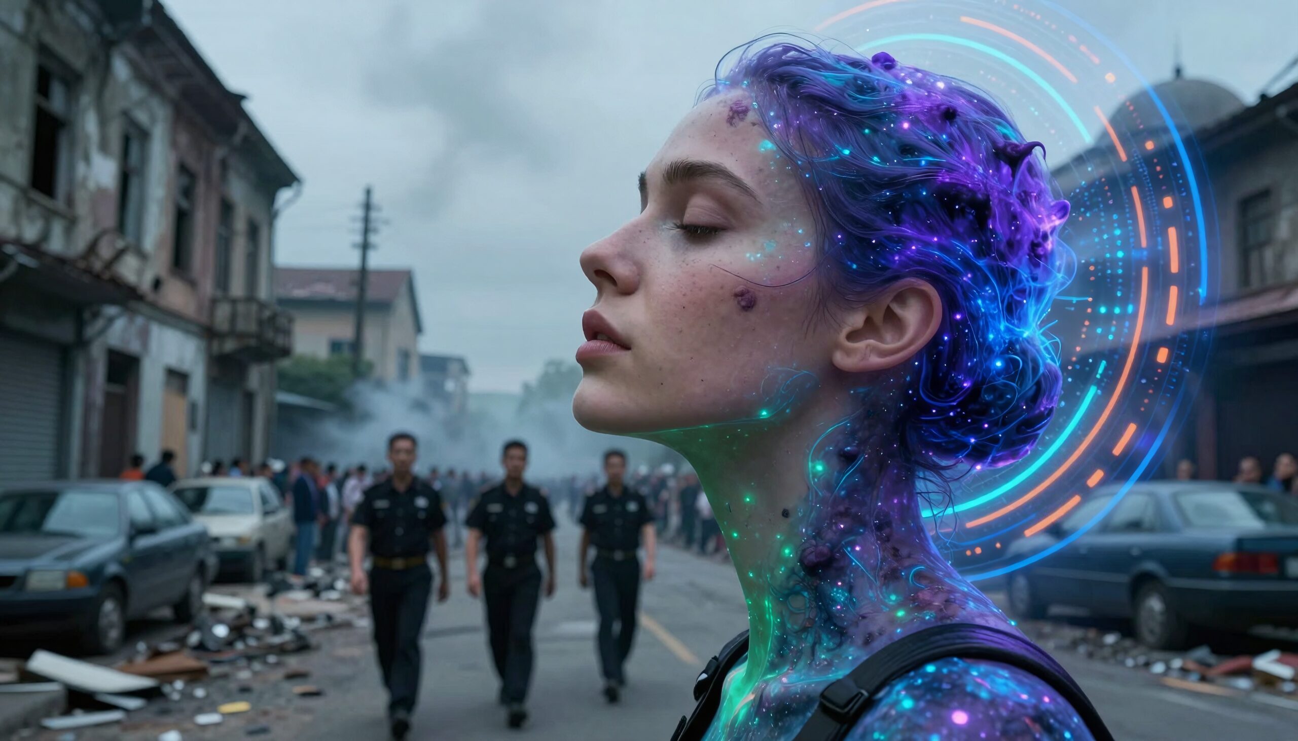 Ethereal Woman in Chaotic Street