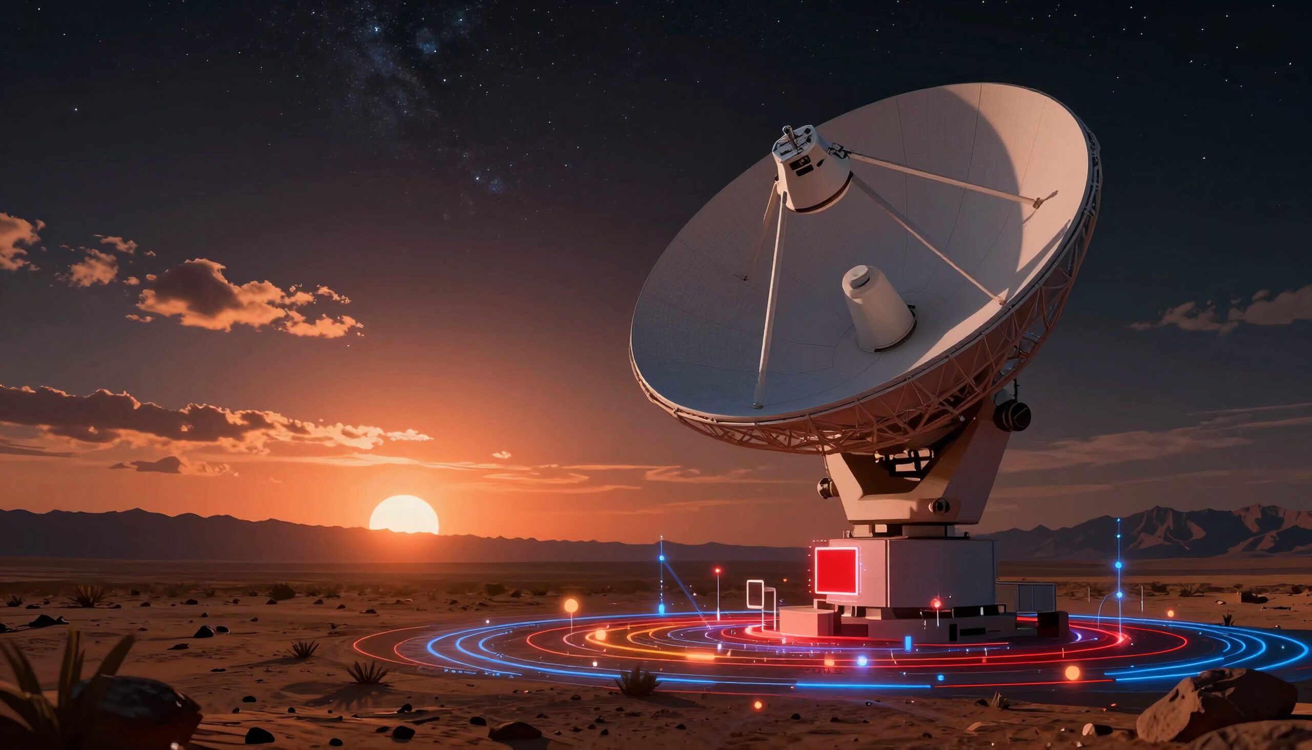 Futuristic Satellite Dish at Sunset