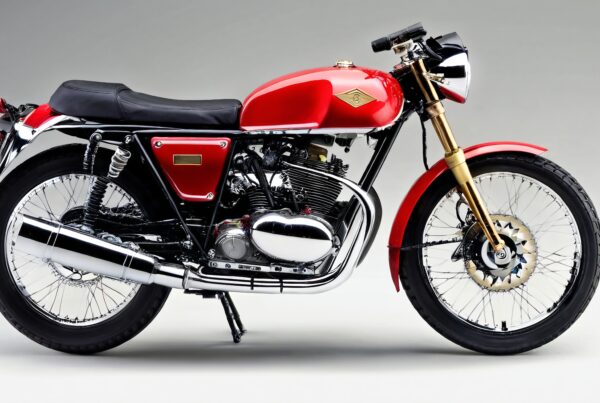 A vintage red motorcycle with a shiny chrome finish and striking gold accents, displaying classic design features and spoke wheels.