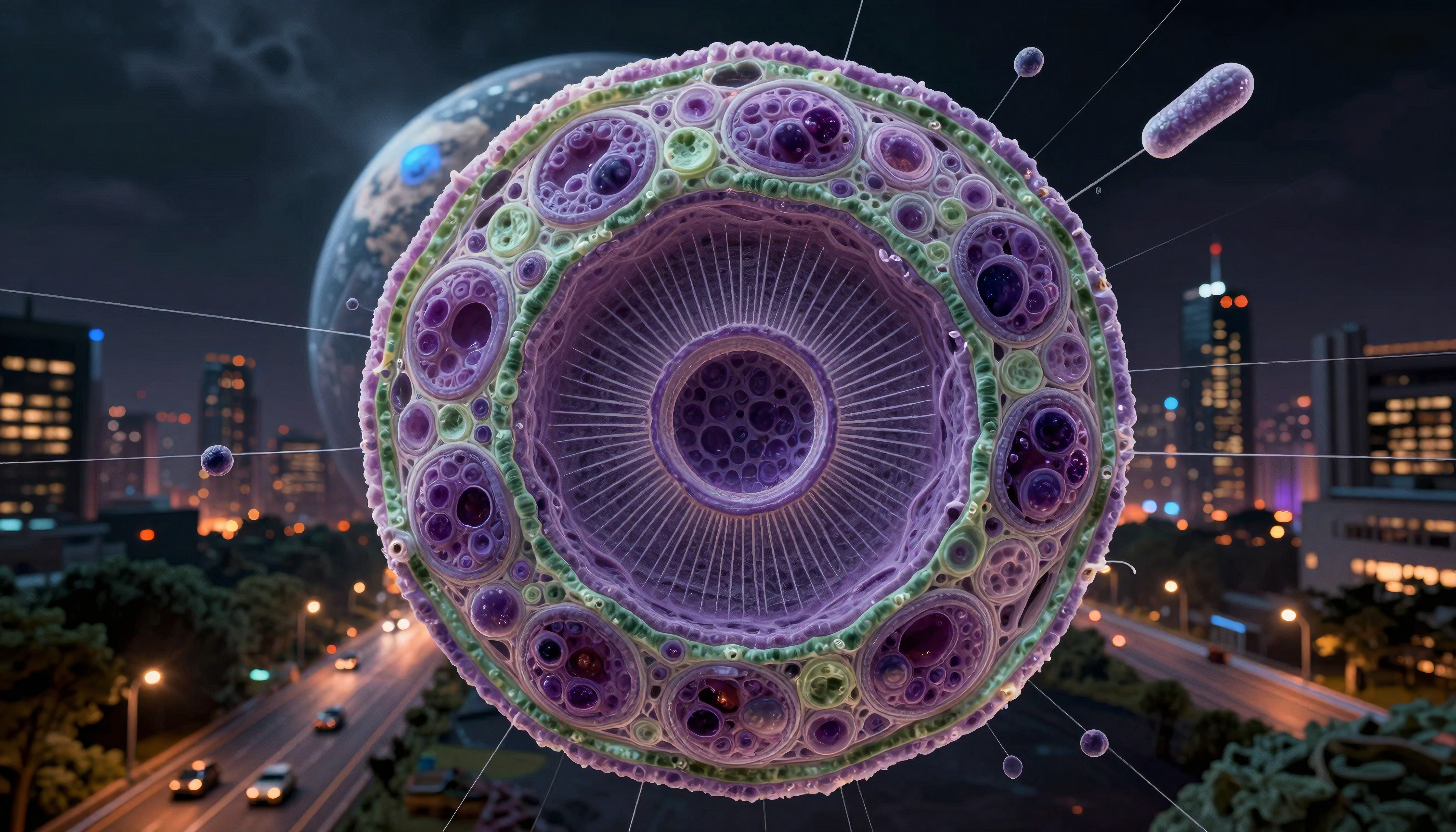Bioluminescent Sphere Over Urban Nightscape