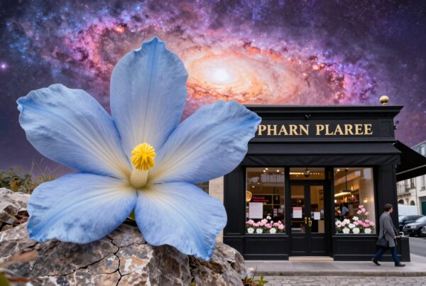 A large blue flower against a galaxy backdrop above a storefront.