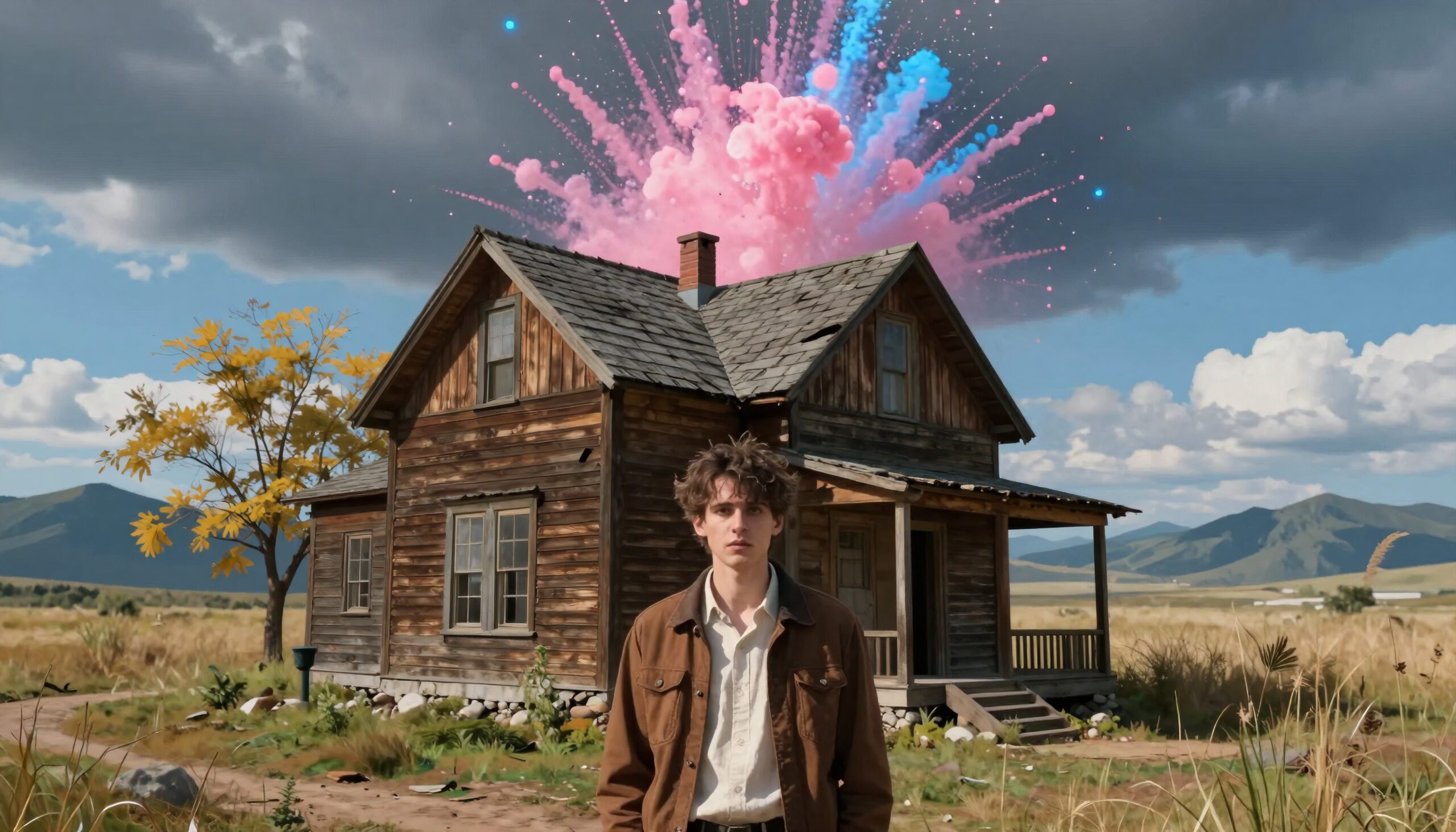 Surreal Explosion Behind Rustic House