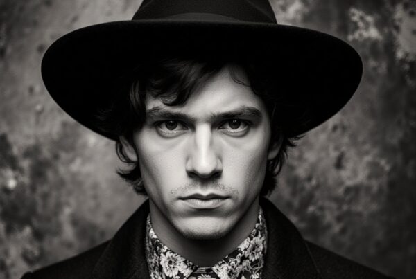 Black and white portrait of a serious man in a wide-brimmed hat and floral shirt.