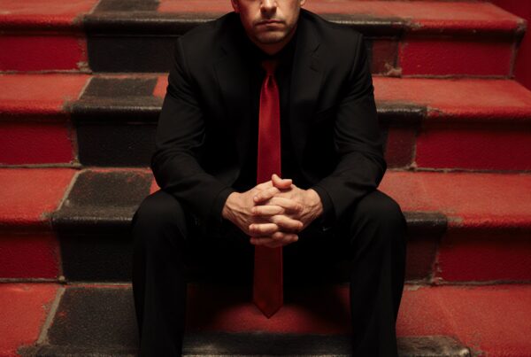 A man in a suit sits on red stairs, looking serious.