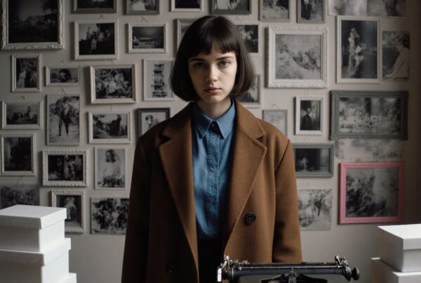 A woman stands before a wall of framed photos, beside a typewriter and boxes.