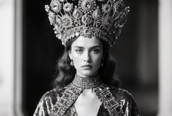 A woman wearing an ornate crown and sequined attire in an elegant black-and-white portrait.