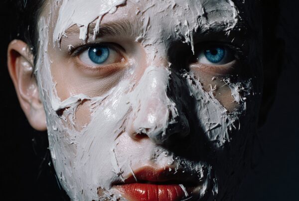 Close-up of a face with textured white clay and bright blue eyes, red lips, set against a dark background.