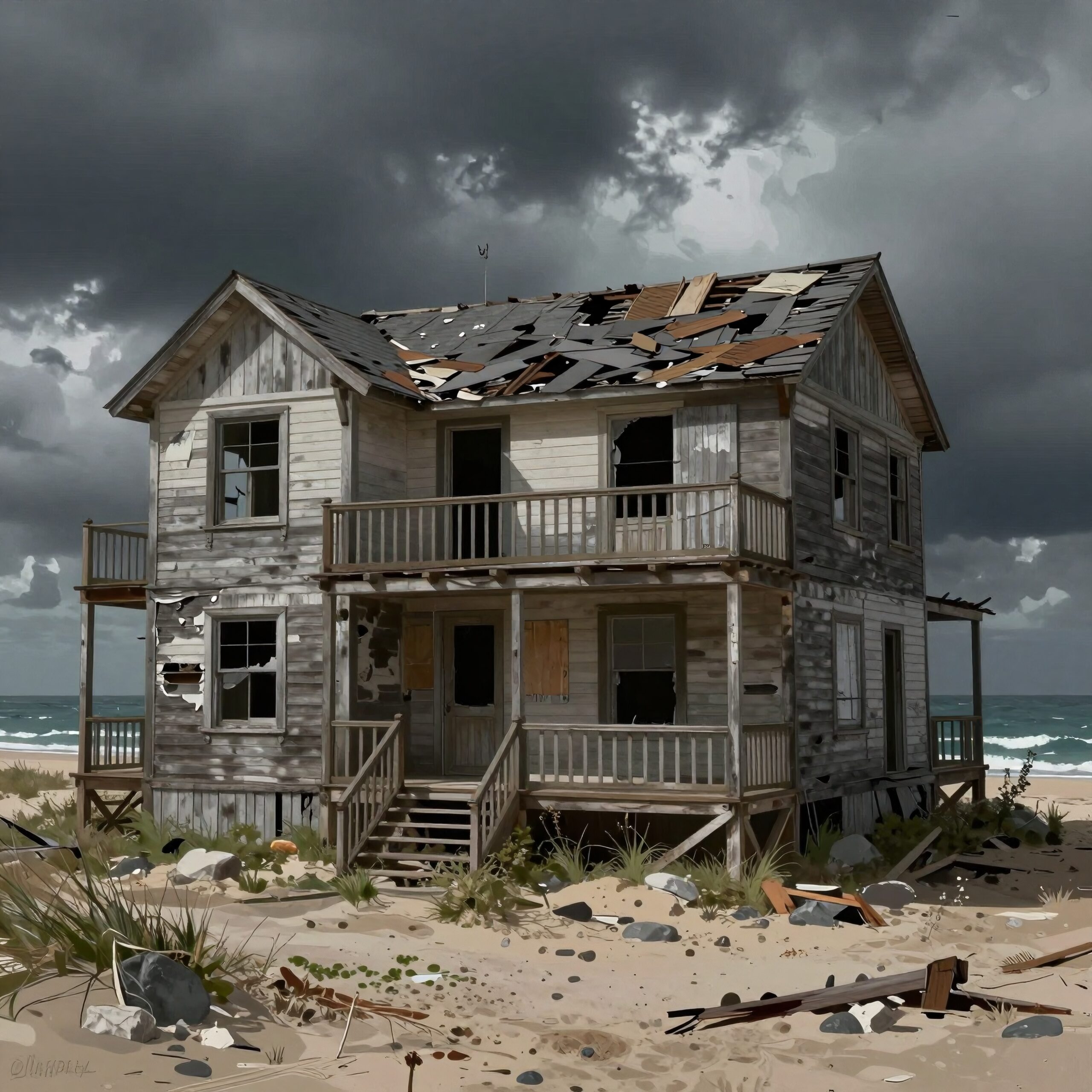 Weathered House by Stormy Beach