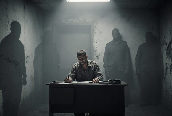 A man intensely writing at a desk in a dimly lit room with shadows.