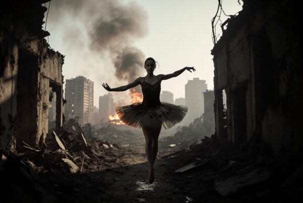 A ballerina dances gracefully in a desolate, smoky ruin with flames.