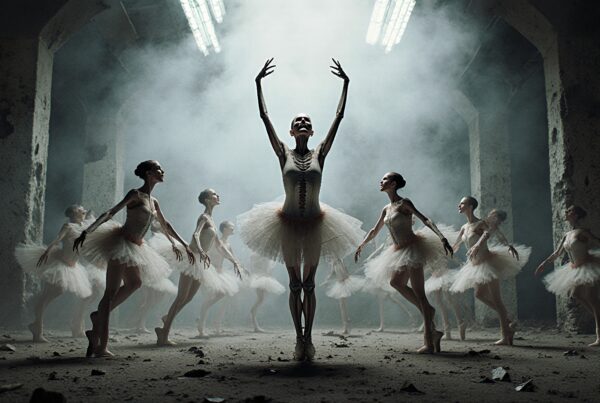 Ballerinas performing in a dramatic, industrial setting, combining grace and strength against a compelling backdrop.