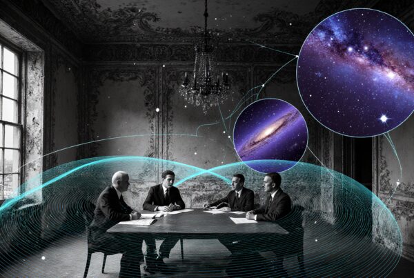 A surreal meeting blends a corporate room with cosmic elements, illustrating a merge of business and futuristic ideas.