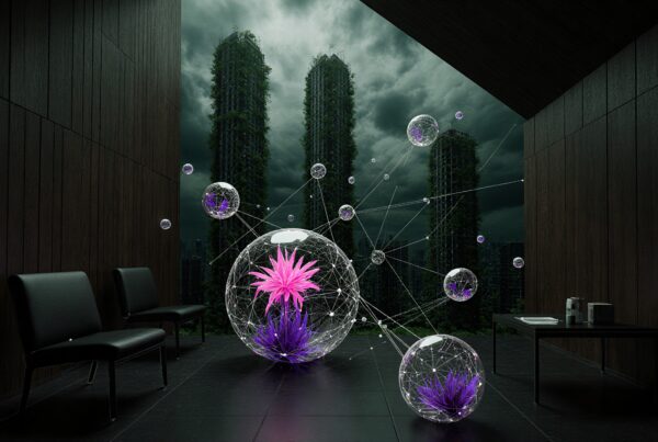 A futuristic room with glass spheres holding pink and purple flowers, against a backdrop of green towers and dark sky.
