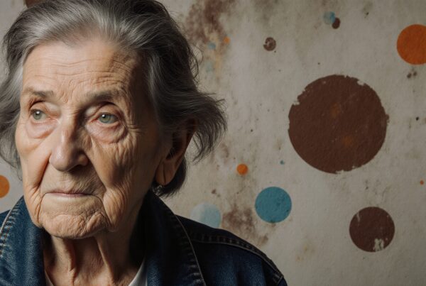 Portrait of an elderly woman in a denim jacket, looking thoughtful against a background of colorful polka dots.
