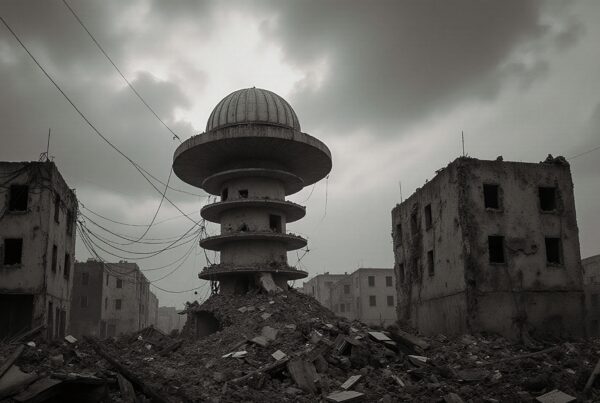 A dystopian landscape with crumbling buildings and central tiered structure under a gloomy sky.