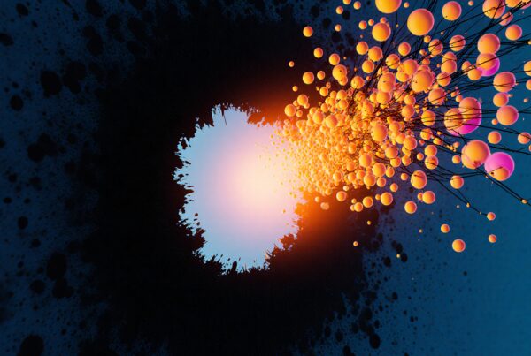 A surreal abstract composition of orange spheres, blue light, and black texture.