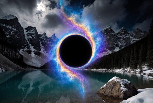 A vibrant, swirling black hole illuminates a tranquil mountain lake, creating an ethereal and majestic scene in nature.