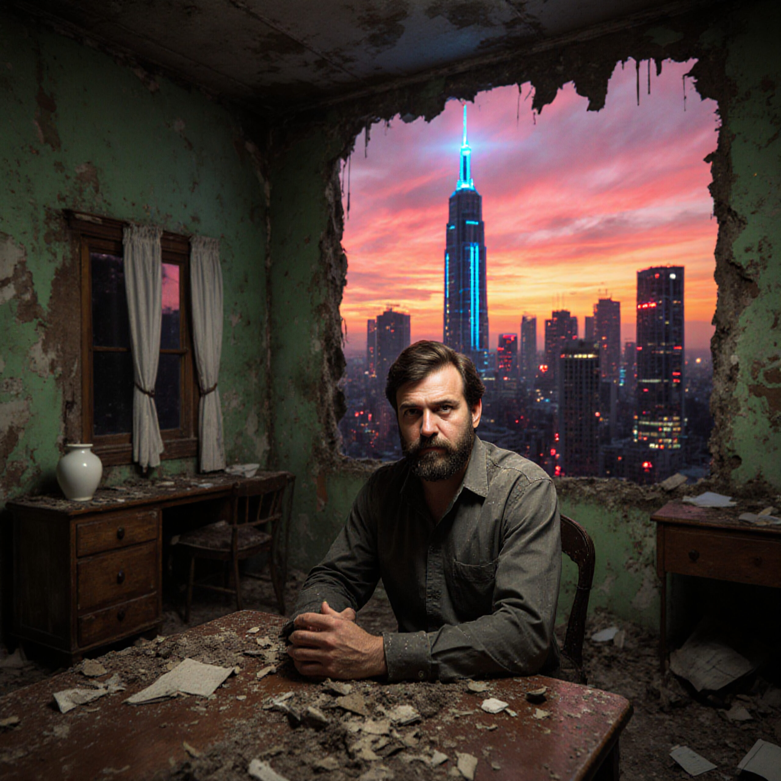 Decaying Room Meets City Skyline