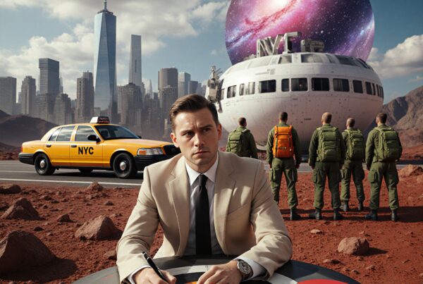 A man in a suit writes at a table with NYC taxi and spaceship backdrop.