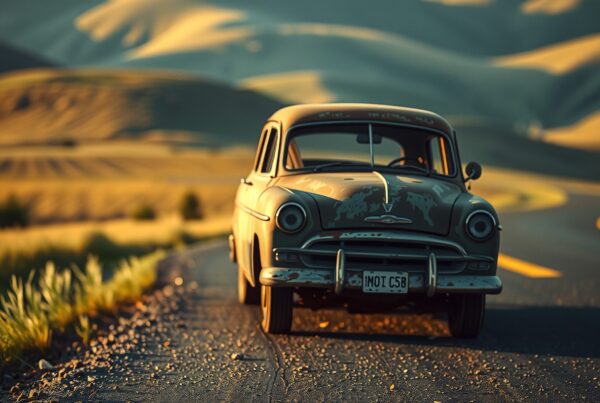 A vintage car travels a winding road through sunlit hills.