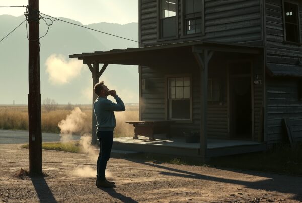 A man stands outside a rustic wooden building, sipping a drink at sunset, with vapor rising in the peaceful countryside.