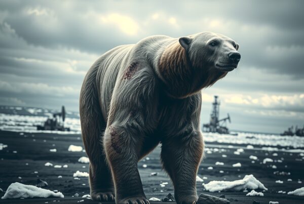 A polar bear walking through a snow-dusted Arctic landscape with an oil rig in the background.