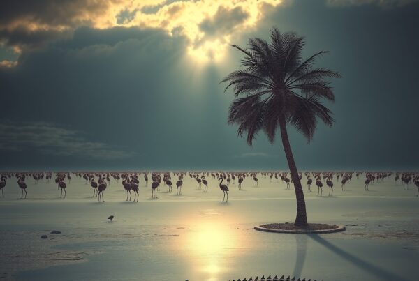A tranquil scene of a crocodile resting by a palm tree under dramatic sunset skies with distant flamingos.