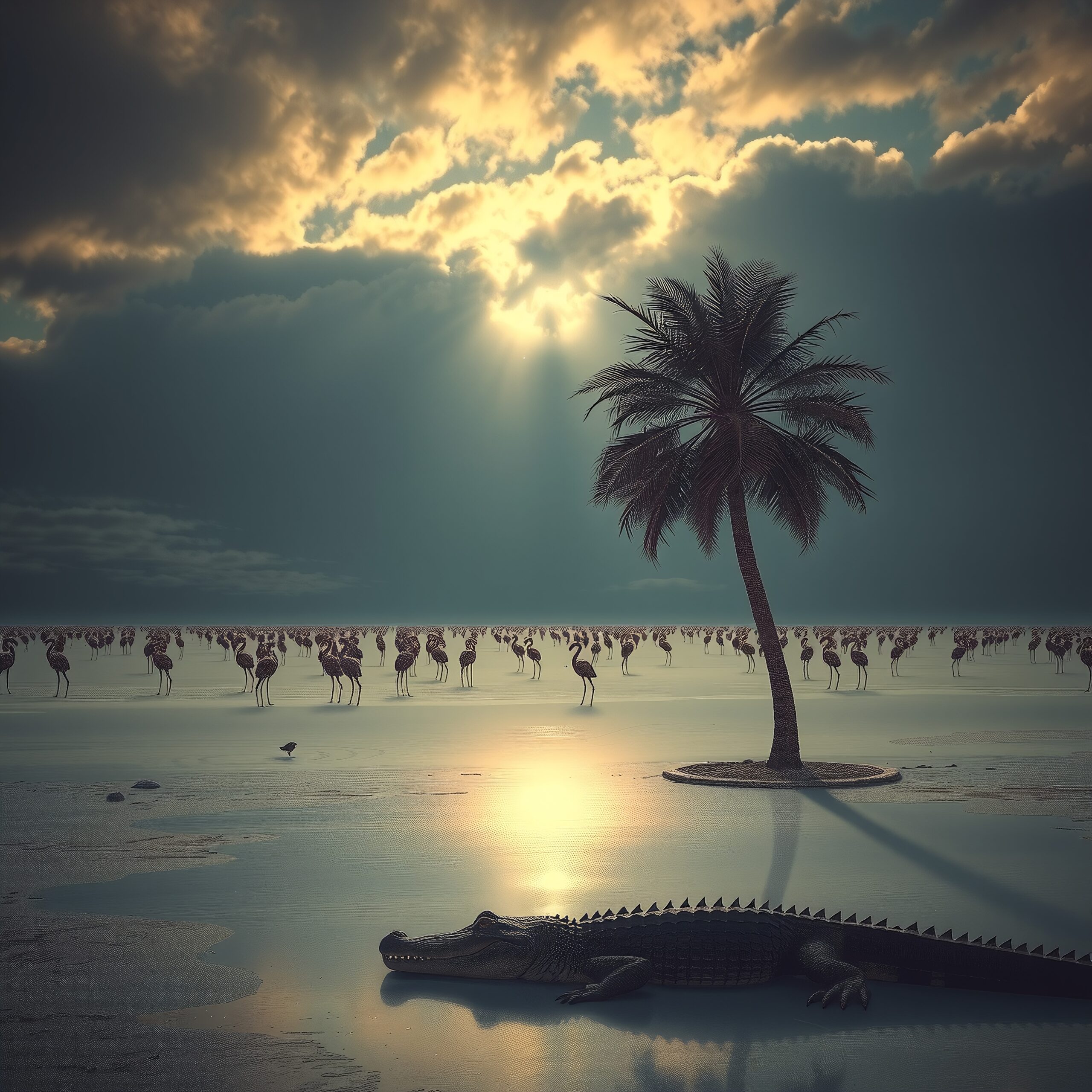 Crocodile under sunset skies